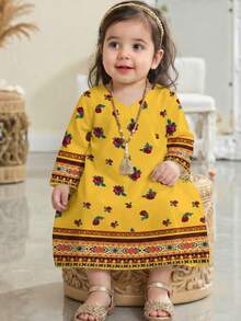 Baby Girls Elegant Vintage Distinctive Dignified Kaftan Maxi Dress, Floral Print Long Sleeve V-Neck Loose Casual Dress, Suitable For Festivals, Daily Wear, And Outings - Multicolor - View 2