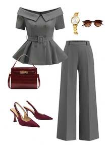 Ellevyn 1 Set Off-Shoulder Blazer Top And Wide-Leg Pants Suit, Suitable For Commuting, Office Wear, Classic & Elegant - Grey - View 2