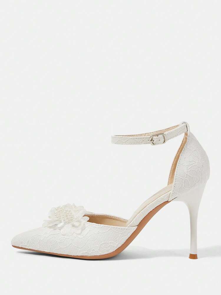 CUCCOO HITCHD Women's Pointed Toe High Heel Faux Pearl Mesh 3D Floral Lace White Bridal High Heel Pumps, Fashion Elegant Wedding Party Evening Hollow Out Heels Valentine's Day Elegant Shoes Wedding Shoes