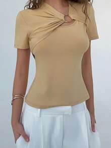Almamuse Women's Fashion Asymmetrical Neckline T-Shirt, Metal Buttons, Casual For Commuting And Gatherings - Apricot - View 3