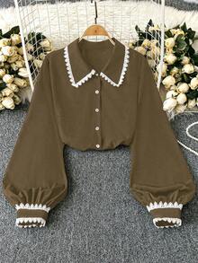 Rometta Camisa con botones y volantes de color contrastante para mujer talla grande - Marrón - Ver 1