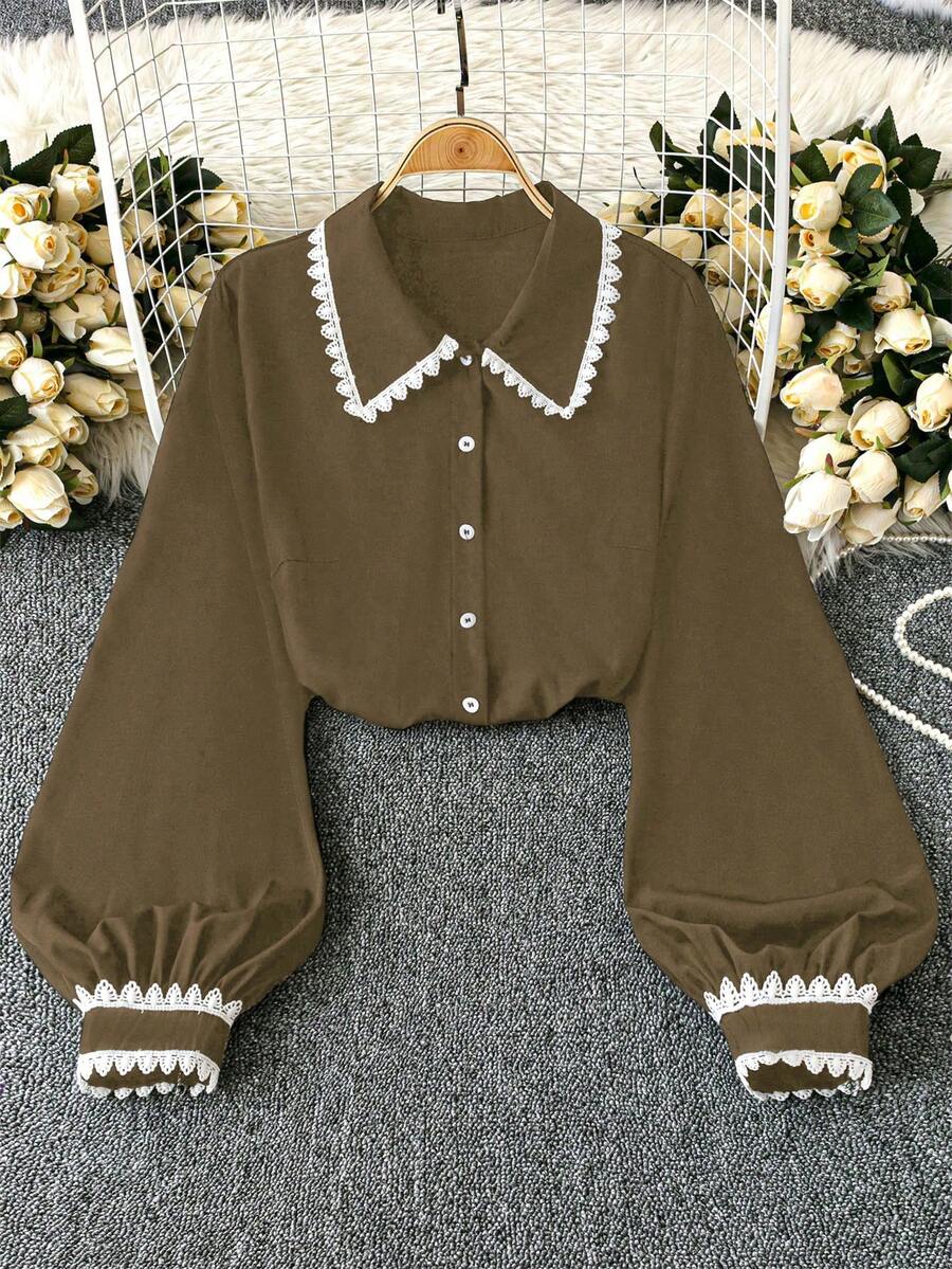 Rometta Camisa con botones y volantes de color contrastante para mujer talla grande - Marrón - Ver 1