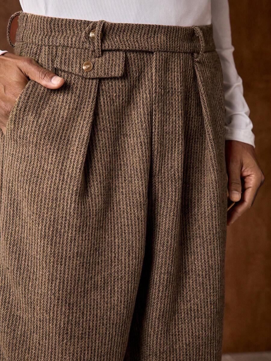 Business Casual AKNOTIC 男士人字纹斜插口袋休闲裤，适合圣诞派对、通勤、商务场合、送给男友的礼物、节日之选 - 杏色 - 查看 1