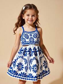 Vintaside Kids 女童复古碎花镂空吊带连衣裙，休闲度假风，适合春夏穿着 - 藍色 - 查看 3