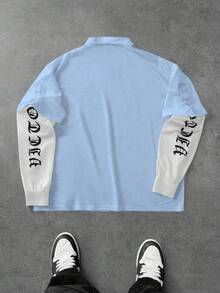 Aesthetic Post Men's Letter & Number Print Mesh Contrast Color Long Sleeve Polo Shirt - Baby Blue - View 2
