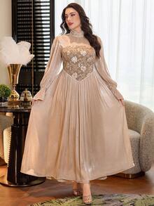 Modelyn 大码女士优雅收腰连衣裙套装 - 杏色 - 查看 3