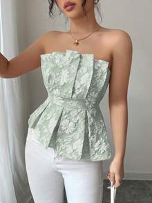 Rafferiza 女士奢华优雅花卉抹胸不对称上衣 - 綠色 - 查看 3