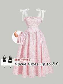 SHEIN CURVE+ Đầm dài in họa tiết thắt nơ dành cho nữ cỡ lớn CURVE PLUS /Ngày Valentine/Thích hợp mặc mùa xuân, đầm ngày Valentine, đầm tốt nghiệp, đầm thanh lịch cho nữ, đầm nghỉ xuân. - Nhiều màu - Xem 8