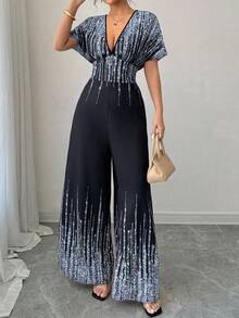 SHEIN Tall CURVE Bộ jumpsuit cỡ lớn thời trang dành cho người đi làm, phối màu tương phản. - Xanh đậm - Xem 3