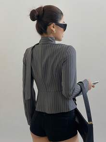 DAZY V-Neck Striped Waist Cinched Elegant Office Lady Shirt - Grey - View 2