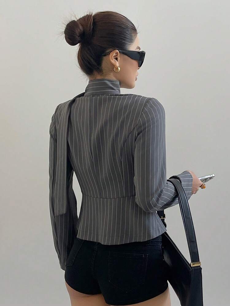 V-Neck Striped Waist Cinched Elegant Office Lady Shirt