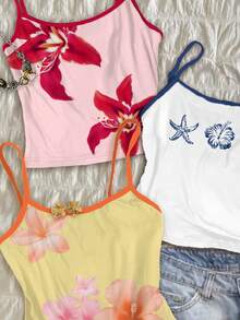 Attitoon 3件套女士撞色吊带背心，水彩贝壳和百合花印花，适合夏季度假 - 彩色 - 查看 6