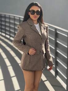 Durrani Popal 女士复古时尚通勤棕色格子羊毛西装套装，包括修身西装外套 + 低腰短裤（带垫肩），秋冬两件套 - 棕色 - 查看 6