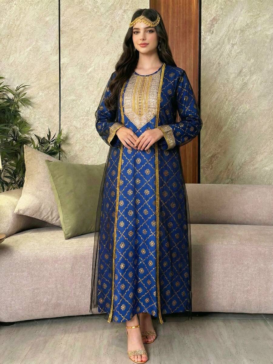 Teen GirlGlamorous Party Celebration Outfit Set: Long Sleeve Robe, Abaya Robe, Mesh Overlay Jacket, Gold Collar Flower Decor - Royal Blue - View 1