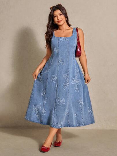 Elaquor Plus Size Women Floral Pattern Square Neck Sleeveless Casual Denim Dress