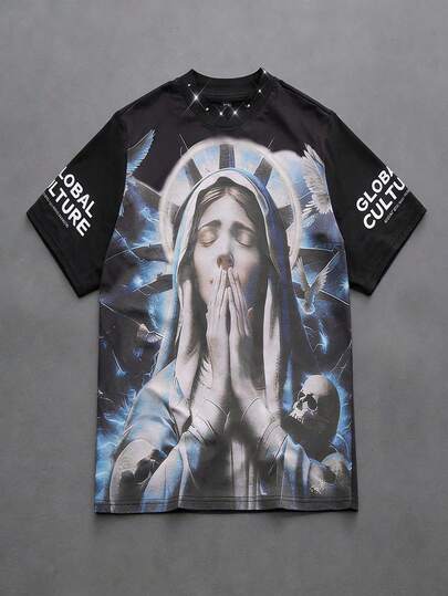 Men's Vintage Prayer Graphic Crew Neck Short Sleeve Streetwear T-Shirt