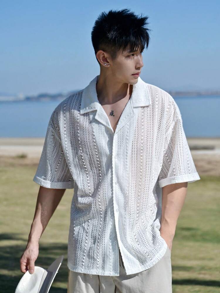 Men's White Short Sleeve Casual Single-Breasted Shirt, Summer
