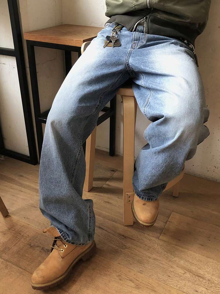 Men's Solid Blue Washed Vintage Style Jeans, Spring