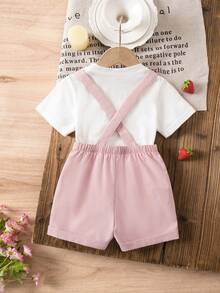 SHEIN 女婴可爱百搭休闲粉色草莓图案背带短裤 - 彩色 - 查看 7