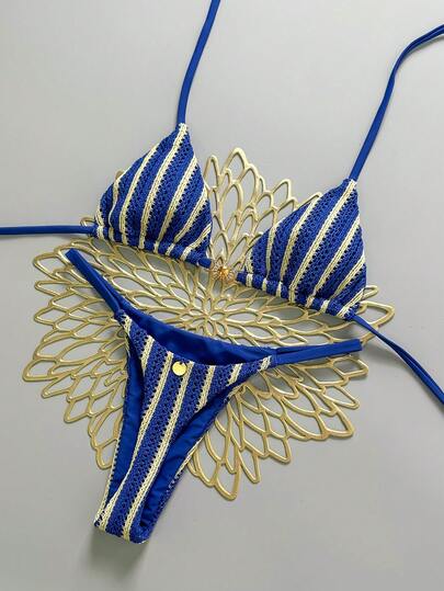 Swim Mod 女士春夏新款金属装饰V领露背吊带三角比基尼上衣及铆钉三角比基尼下装两件套