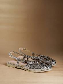 Rosivie 女士平底凉鞋，金色编织带闭趾平底鞋 - 菸灰色 - 查看 3