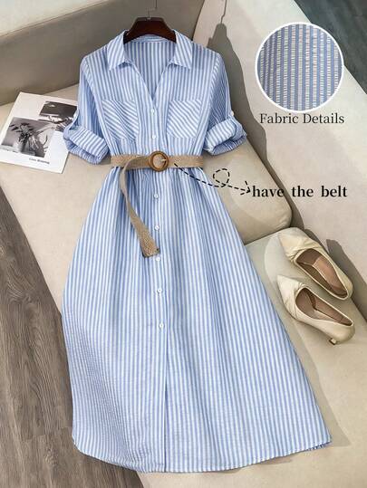 GlowEve CURVE Plus Size Women's Elegant & Fashionable Commuter Blue & White Striped Short Sleeve Shirt Dress, Spring/Summer