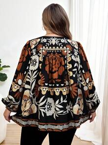SHEIN CURVE+ Curve 尺码 US22 音乐节、海滨度假、波西米亚风度假女士长袖圆领系带图案上衣，热带图案长袖衬衫 - 彩色 - 查看 2
