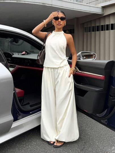 Muchica Women's Summer New Beige Halter Neck Tank Top And Balloon Pants Casual Vacation Outfit Set For Going Out Outfits, Streetwear, Y2K Clothes