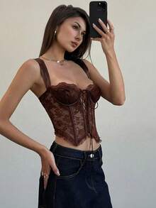 Aloruh 女士性感蕾丝吊带背心，浪漫情人节、派对、音乐节、夏季街头服饰 - 咖啡棕 - 查看 7