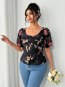 Elenzga Blusa romántica de manga corta con cuello cuadrado, estampado floral elegante y de moda para mujer de talla grande, primavera/verano - Negro - Ver 8