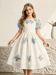 Đầm công chúa cổ tròn tay ngắn, thanh lịch, dễ thương, thoải mái cho bé gái, thích hợp mặc hàng ngày, mùa xuân/hè - trắng - Xem 8