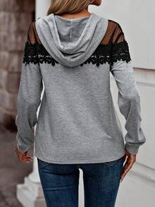 EMERY ROSE Sweat-shirt à capuche décontracté avec cordon de serrage, patchwork en dentelle et taille pour femmes grandes tailles, automne/hiver - Gris pâle - Voir 2