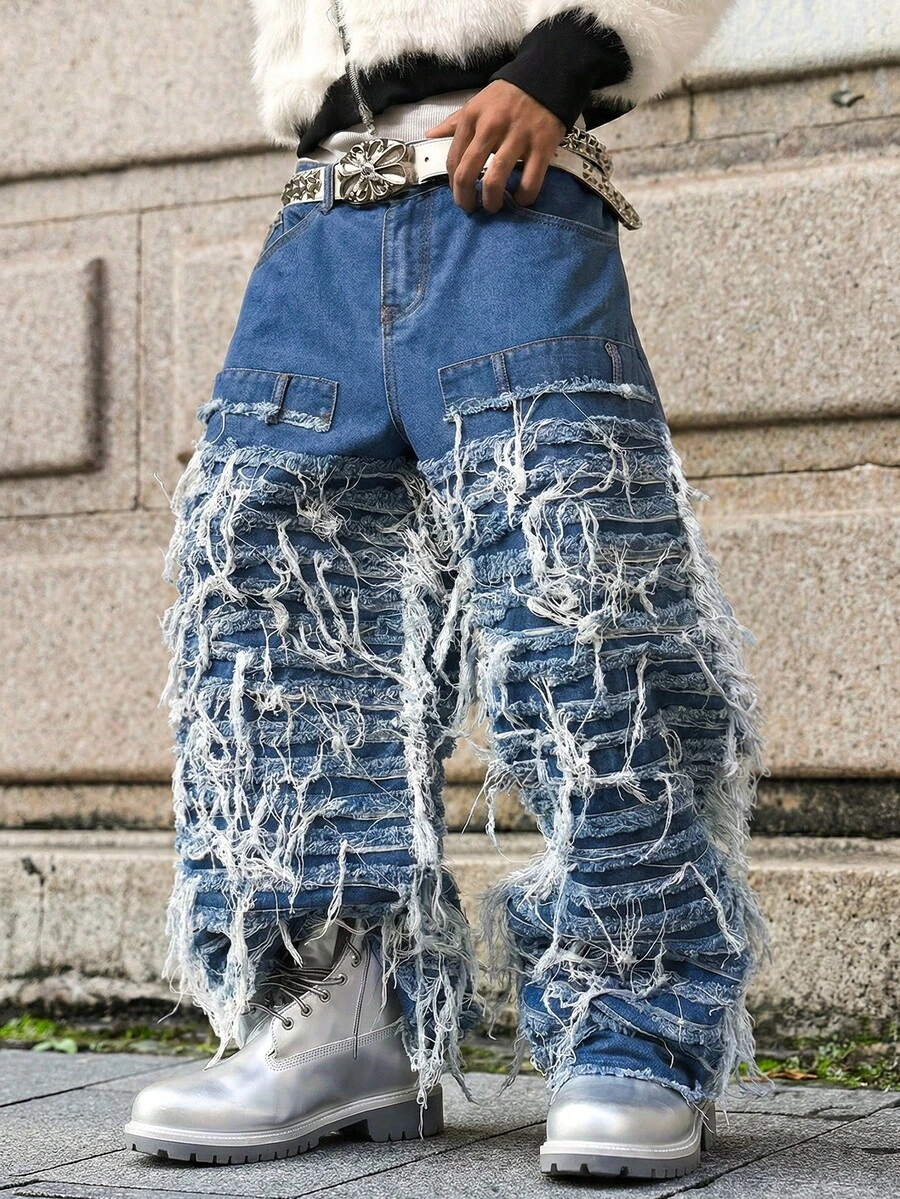 Manfinity EMRG Unisex Frayed Hem Wide Leg Jeans Baggy Y2k Jeans Fringe Denim Jeans - Blue - View 1