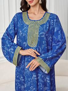 Yasmyna Women's Elegant Floral Print Contrast Tape Detail Flare Sleeve Loose Dress, Vacation Style - Multicolor - View 5