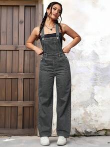 SHEIN ICON Bộ áo liền quần denim không tay, màu trơn, dáng rộng, có túi. - Xám - Xem 5