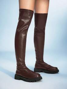Sugerpunk Women's PU Leather Fashionable Over-The-Knee Boots, Versatile For Daily Wear Valentine's Day - Brown - View 5