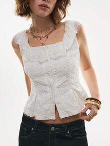 Poéselle Women's White Knitted Square Neck Tank Top With Ruffle Detail And Plant Pattern For Casual Wear - White - View 8