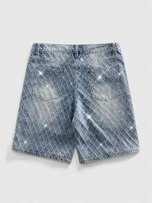 ROMWE MEN Street Life Men's Pearl & Diamond Crochet Fabric Loose Denim Shorts - Baby Blue - View 2