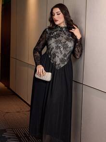 Modelyn Plus Size Women Long Lace & Polyester Blend Dress - Black - View 7