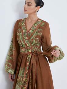 Aveloria Modichic New Elegant Chiffon Digital Placement Vintage Print V-Neck Long Sleeve Maxi Dress - Multicolor - View 7