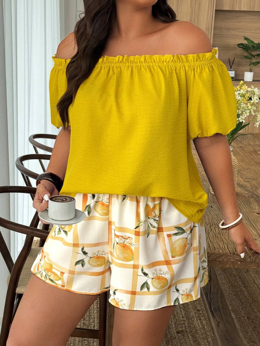 Weeklong Plus Size Casual Vacation Style Solid Color Off-Shoulder Top And Fruit Print Shorts 2 Pieces Set