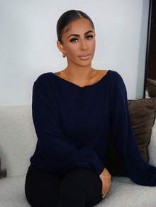 SAYEHFBABY Pullover Slanted Shoulder Ribbed Women's Sweater,Long Sleeve Tops,Off The Shoulder Sweater In Fall/Winter - Royal Blue - View 4