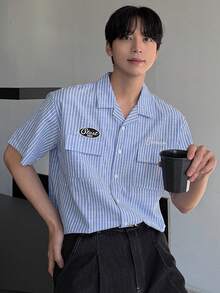 DAZY Men's Blue Striped Short Sleeve Shirt With Letter Embroidery, Summer - Blue - View 1