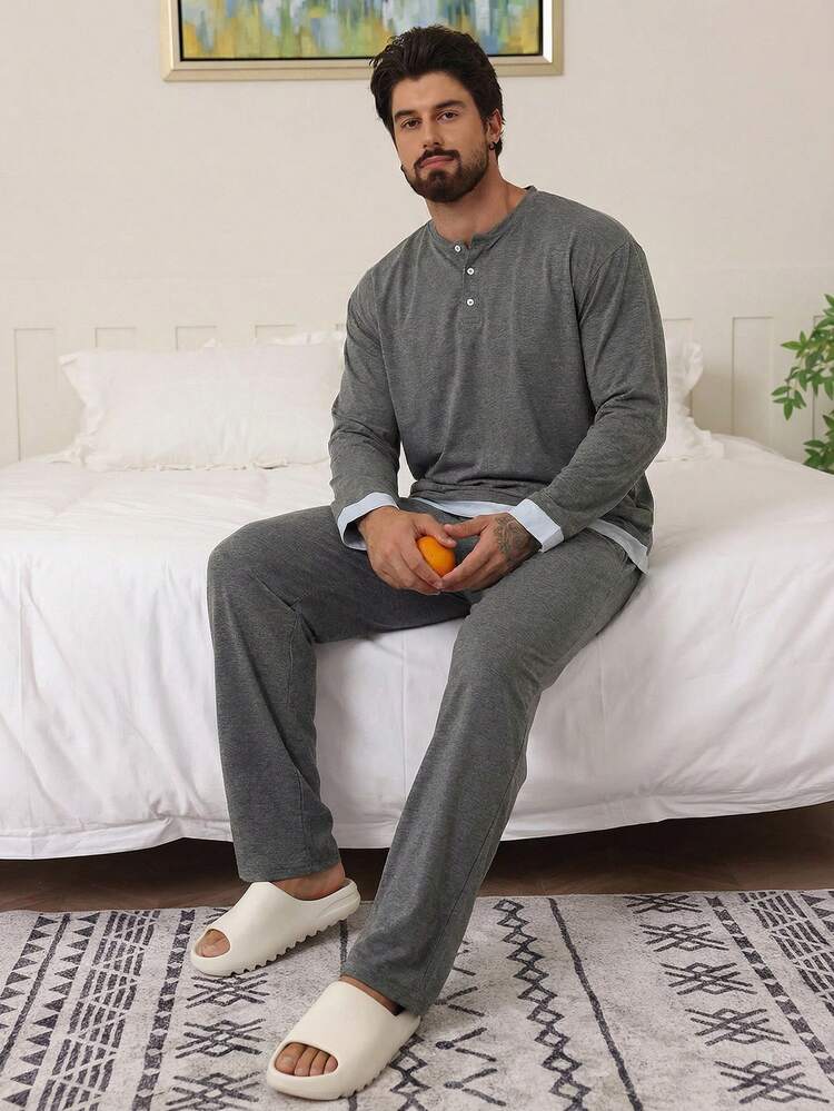 Men's Grey Patchwork Hem Loungewear Set, Spring