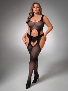 SpicyHot 加大码无缝超性感黑色镂空无裆连体紧身衣内衣