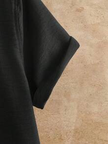 HIMLAND Men's Casual Commuter Faux Linen Embroidered Short Sleeve Shirt - Black - View 5