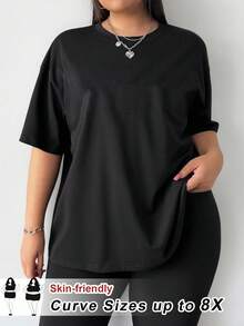 SHEIN CURVE+ Women's Plus Size Casual Loose Fit Round Neck Short Sleeve T-Shirt/2026 /New Year - Black - View 3