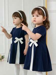 可爱拼接蝴蝶结针织短袖连衣裙，女婴夏季款 - 彩色 - 查看 1