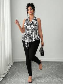 Elenzga Plus Size Women Ditsy Floral Sleeveless Halter Blouse - Black and White - View 8