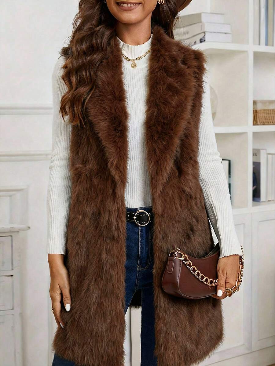 Chaleco largo de piel sintética esponjoso de moda para mujer, otoño/invierno, otoño,Manteles largos para mujeres - Marrón - Ver 1